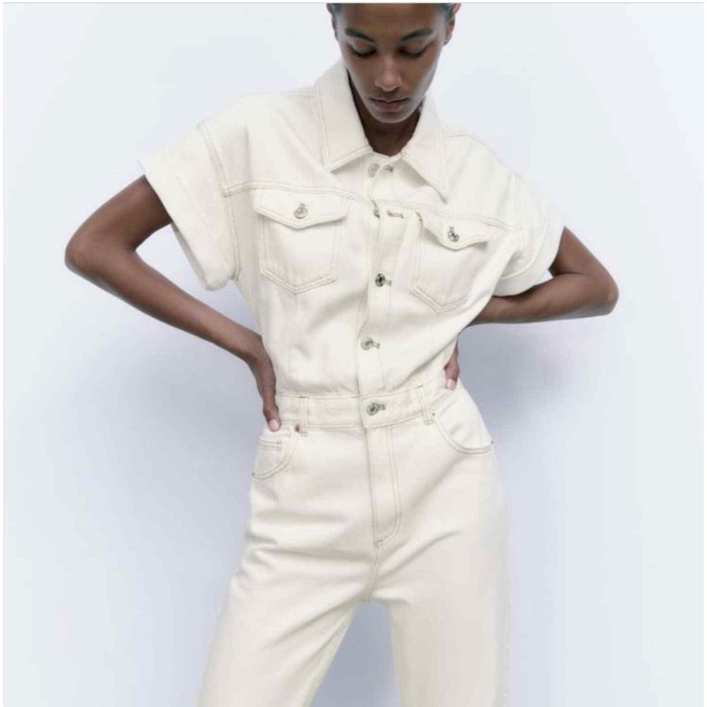 ZARA LONG DENIM JUMPSUIT Turned up short sleeves OYSTER WHITE XS,S,M NWT